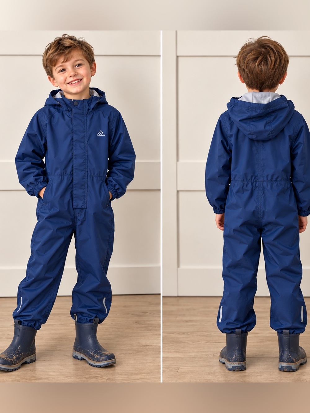 Kids Navy Waterproof Hooded Rain Coverall